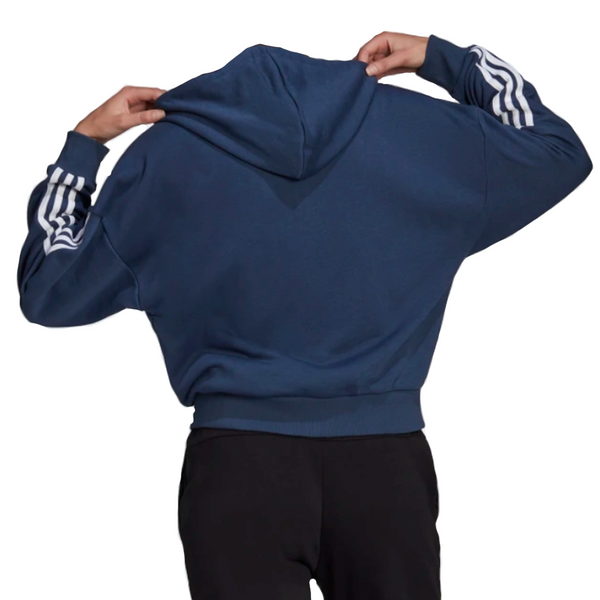 Back View of Womens Adidas Essentials Cut 3-Stripe Full Zip Hoodie Navy